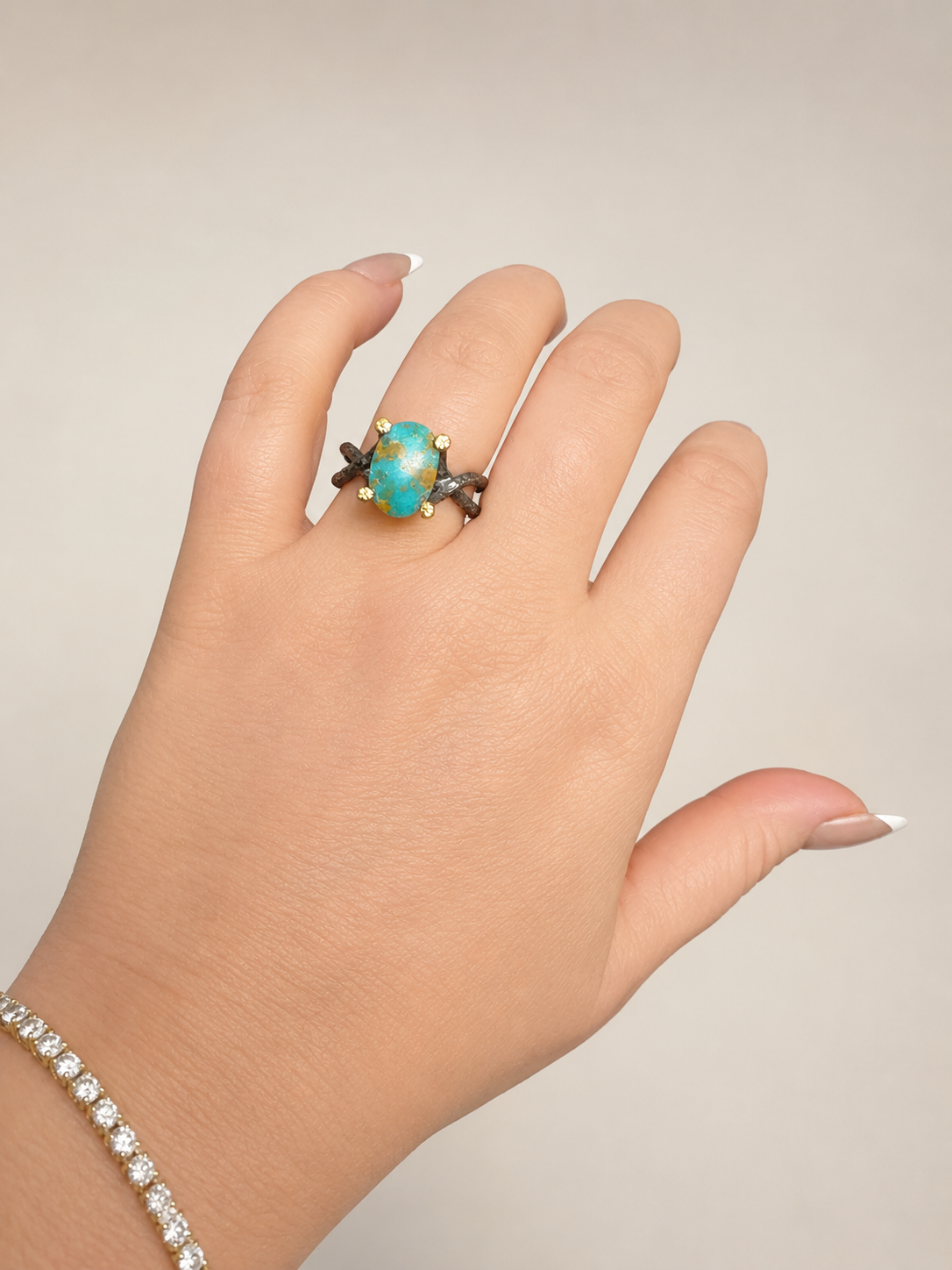 Oxidized Silver & Gold High Set Turquoise Ring -Size 8.5