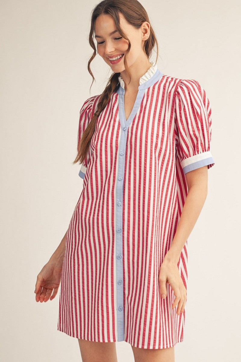 red button down dress Red Button Down Stripe Shift Dress