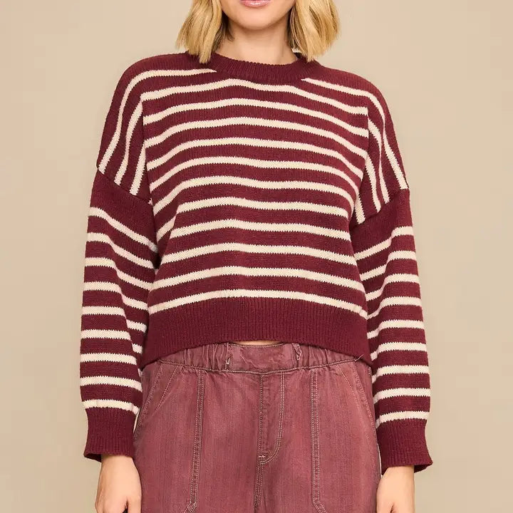 Burgundy Horizontal Stripe Knit Cropped Pullover Sweater