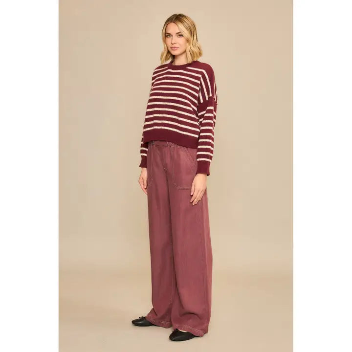 Burgundy Horizontal Stripe Knit Cropped Pullover Sweater