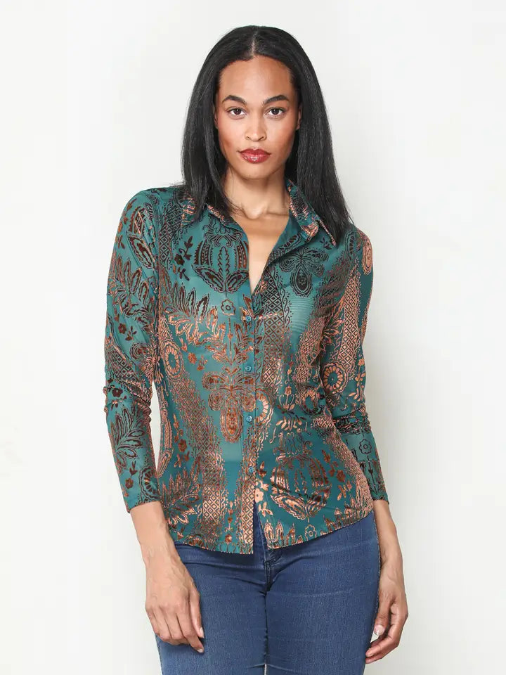 Teal & Brown Burnout Knit Velvet Button Front Shirt