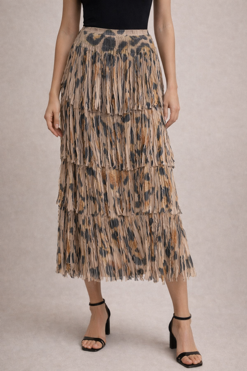 Leopard Layered Fringe Tiered Maxi Skirt