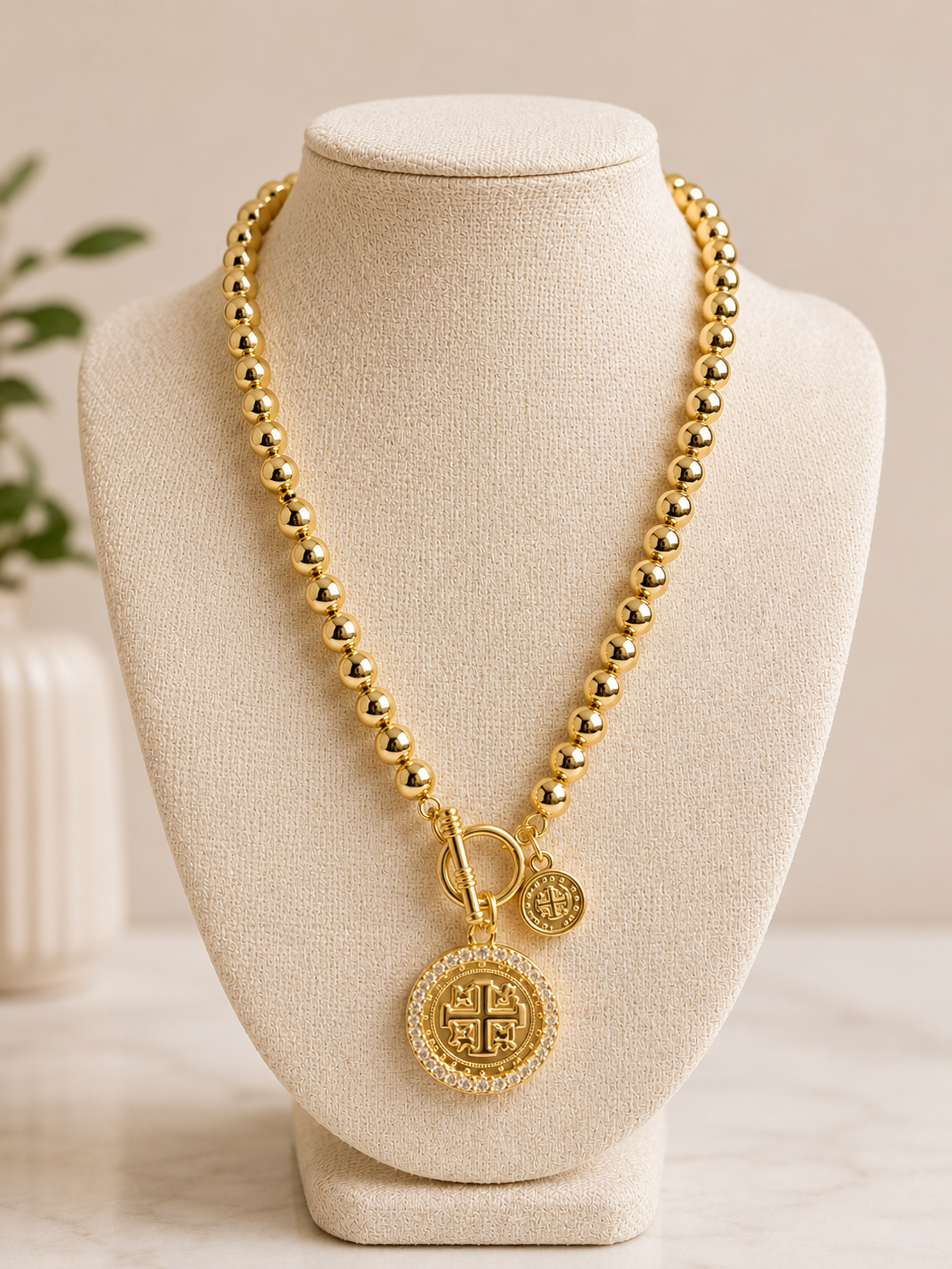 Gold Beaded Toggle Crystal Coin Necklace