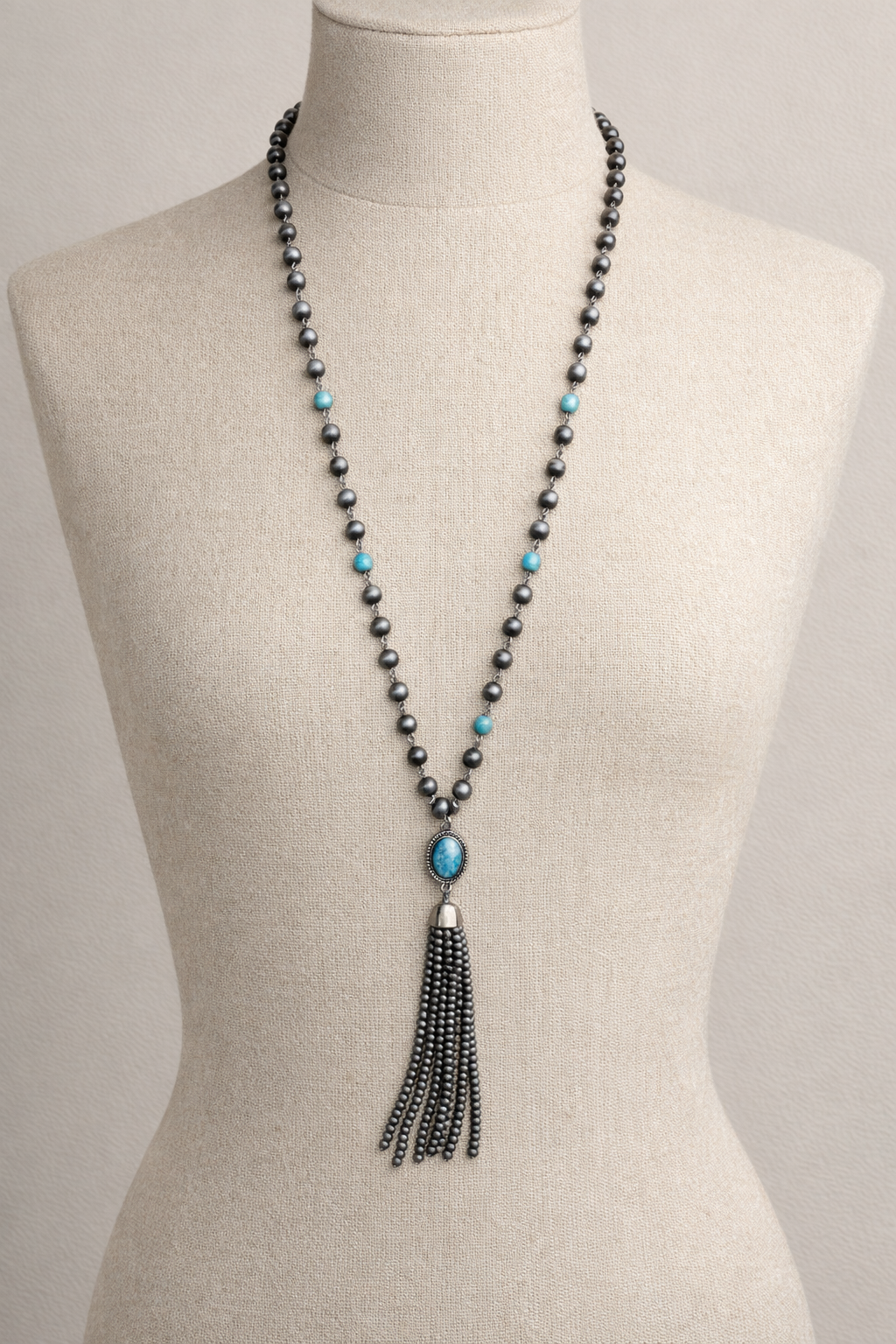 Silver Turquoise Tassel Long Necklace