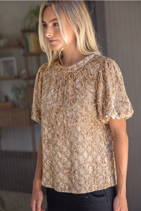 Trellis Trimmed Crushed Velvet Bubble Sleeve Top