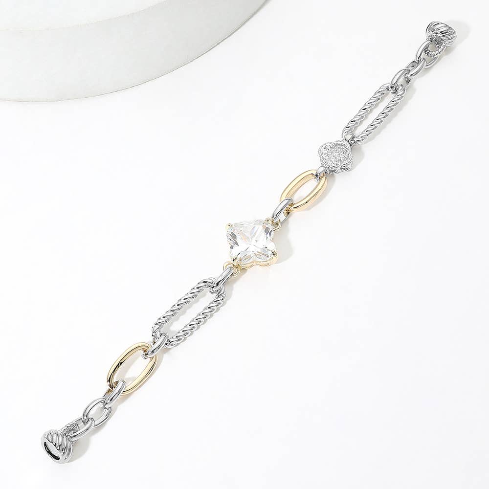 14K Gold Plated Two Tone CZ Quatrefoil Charm Accent Textured Link Bracelet