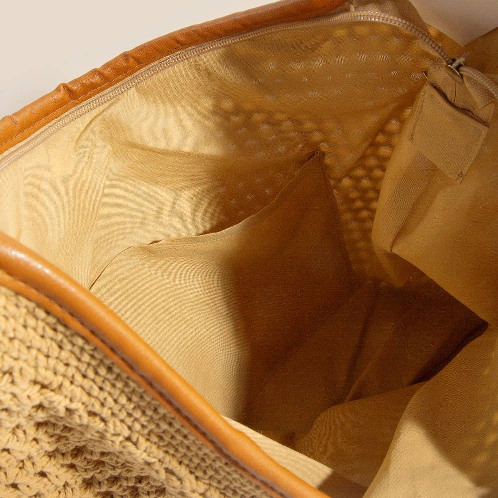 Straw Braided Leather Trim Shoulder Bag