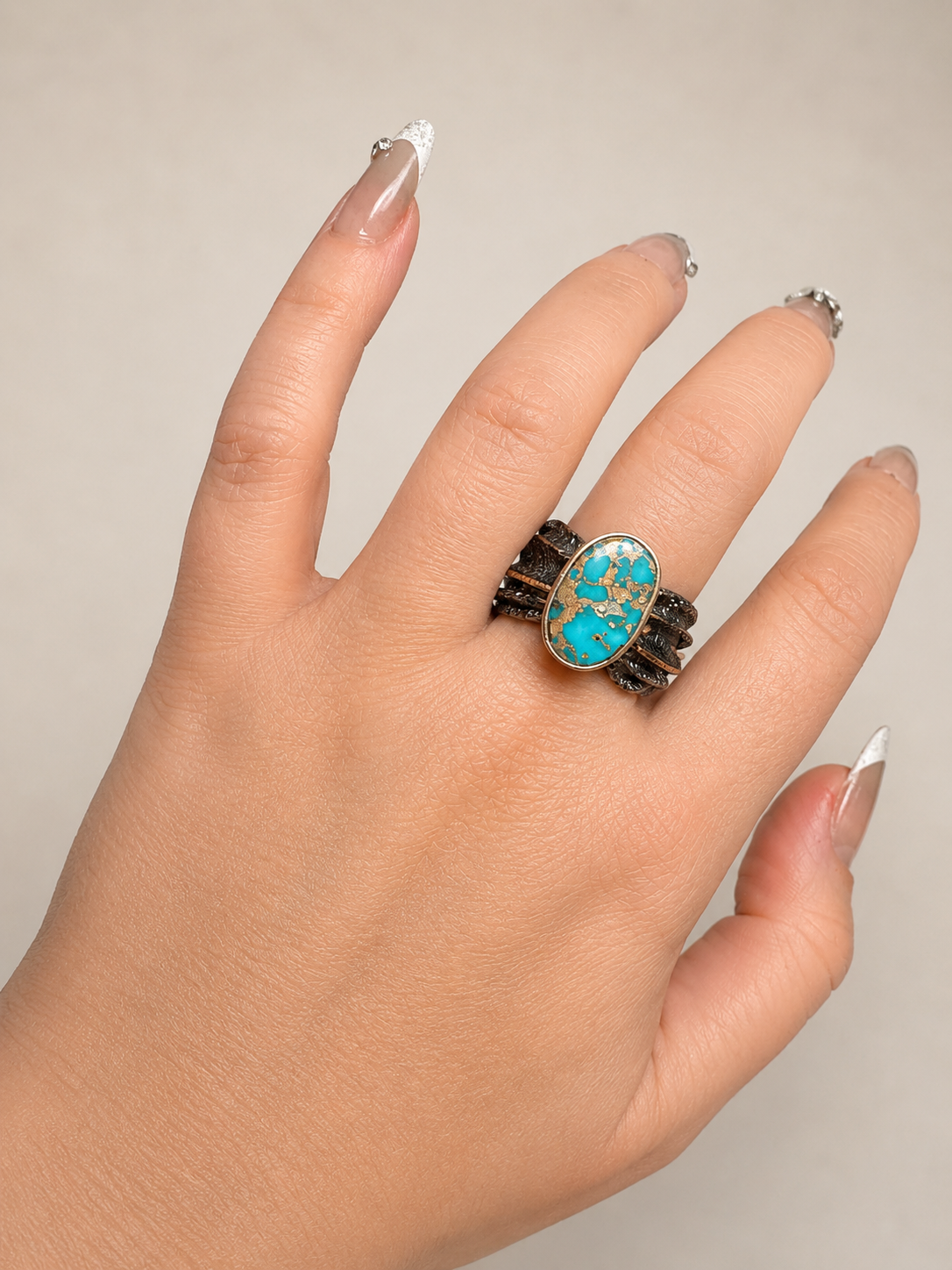 Oxidized Silver & Gold Oval Turquoise Ring -Size 9.5