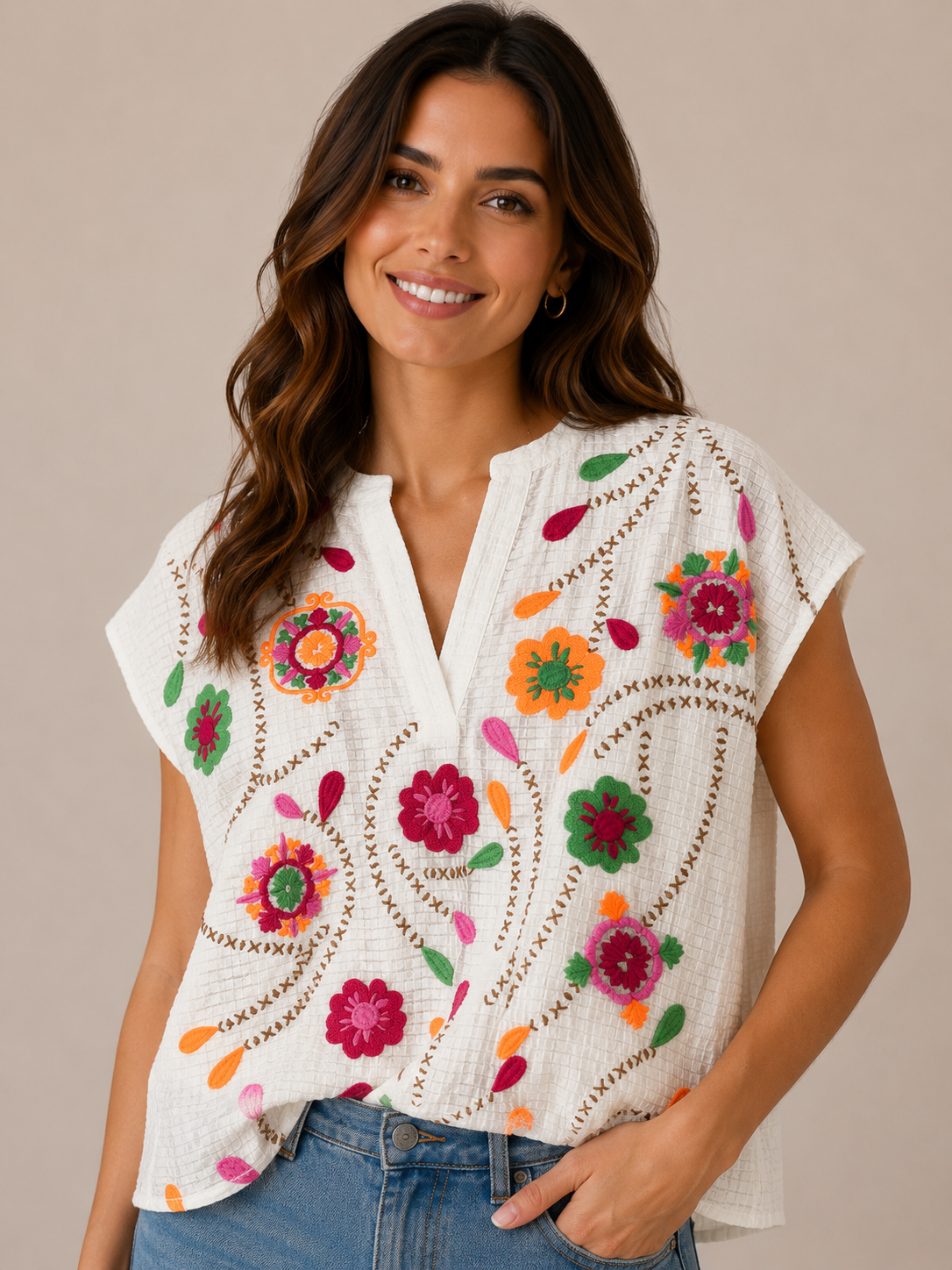 White V-neck Embroidered Textured Top