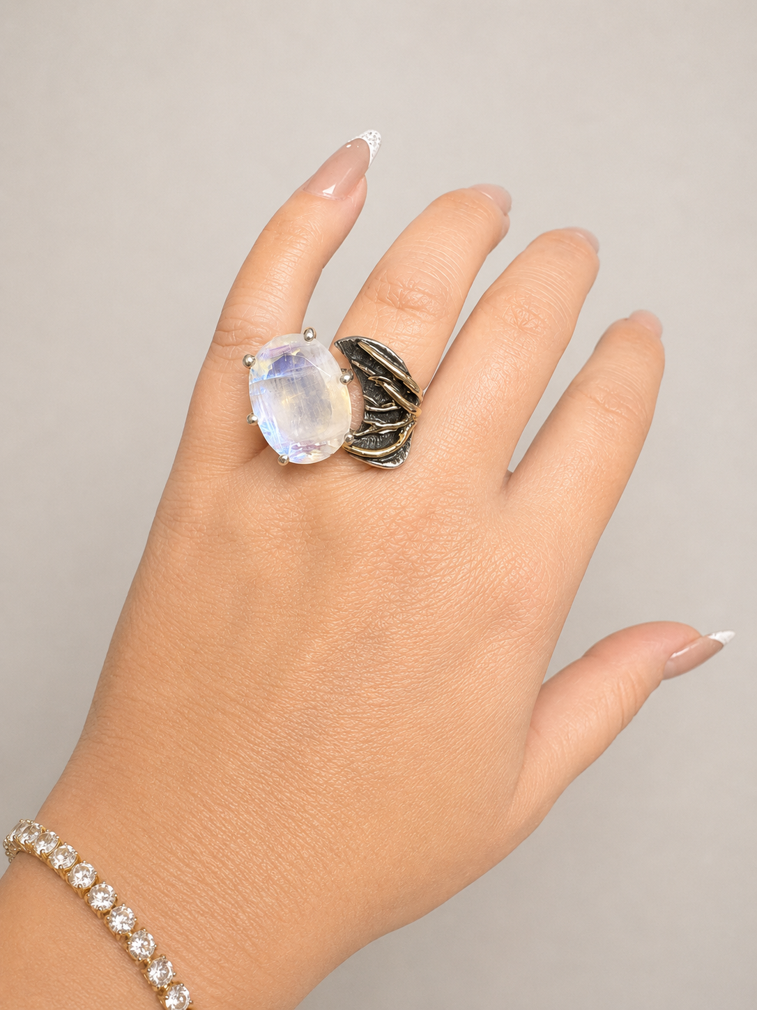 Oxidized Silver & Gold Rainbow Moonstone Mermaid Tail Ring -Size 7.5