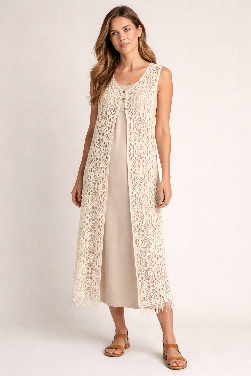 Ivory Crochet Vest With Buttons