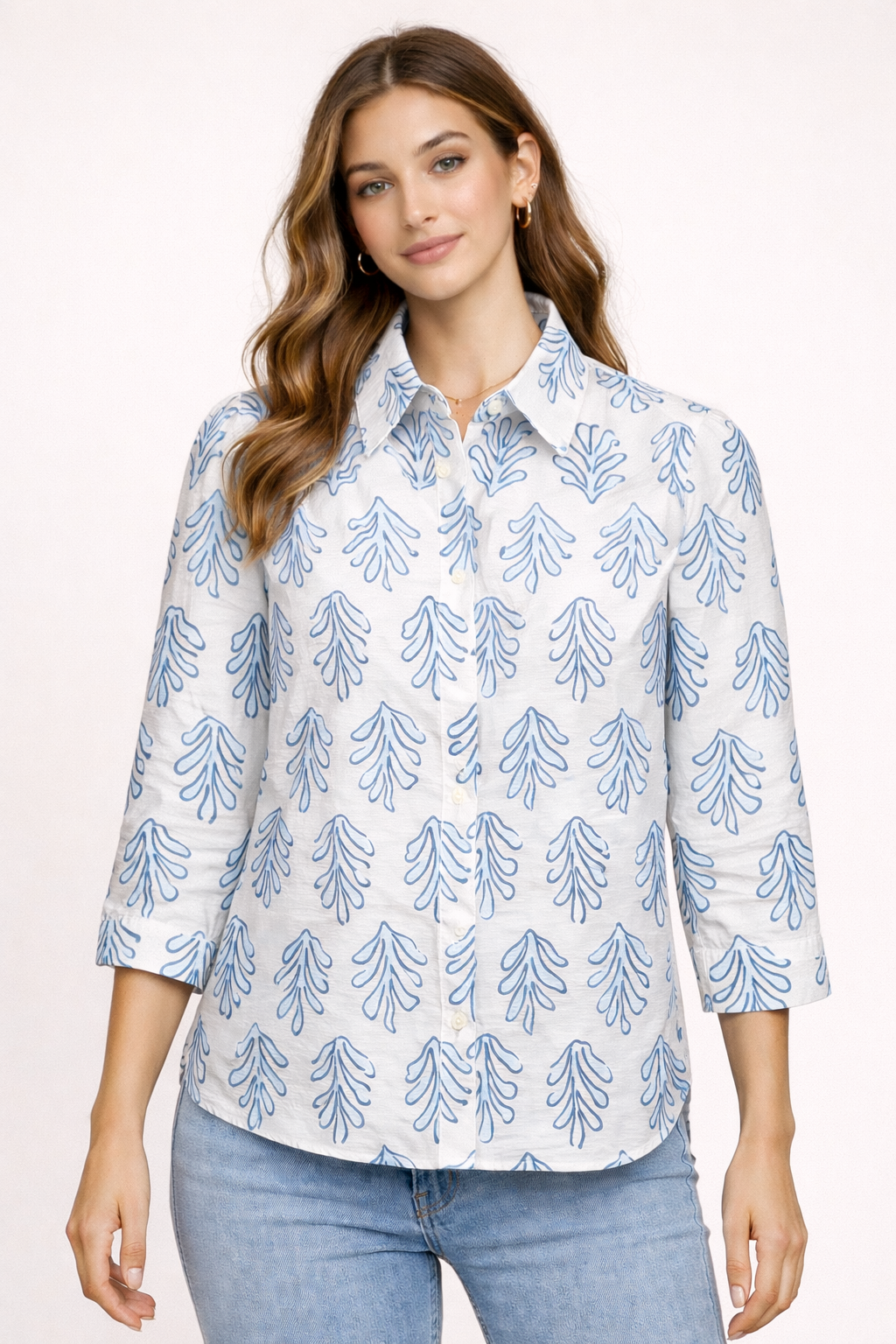 White Damask Button Front Top