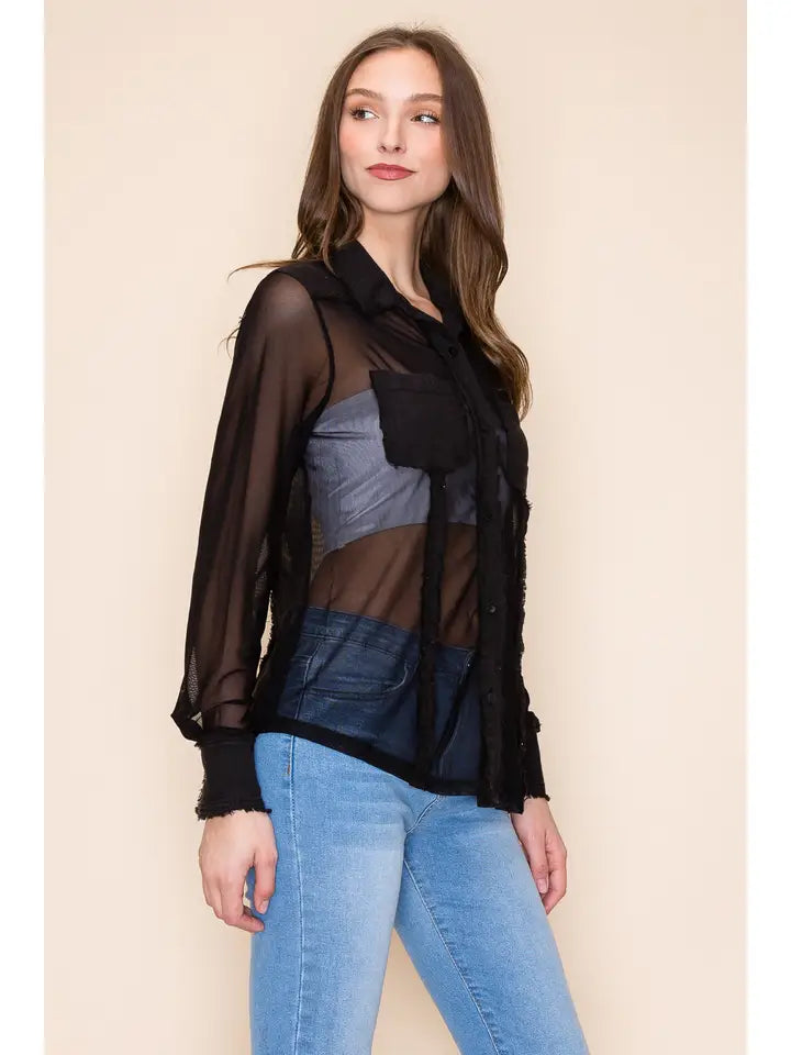 Linen Mesh Button Front Top
