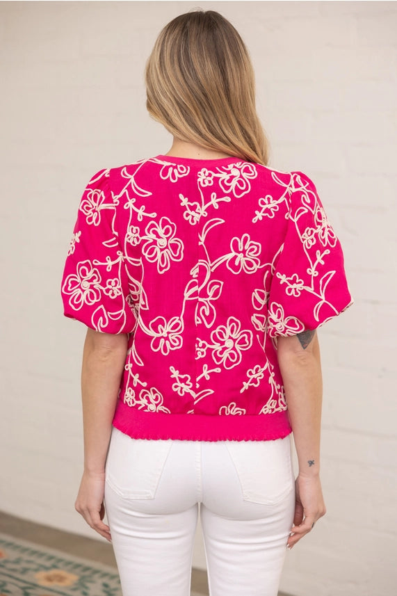 Pink Floral Embroidered Short Bubble Sleeve Top