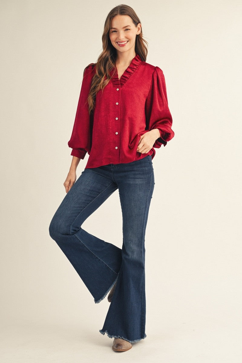 Burgundy Ruffled Neckline Button Down Metallic Blouse