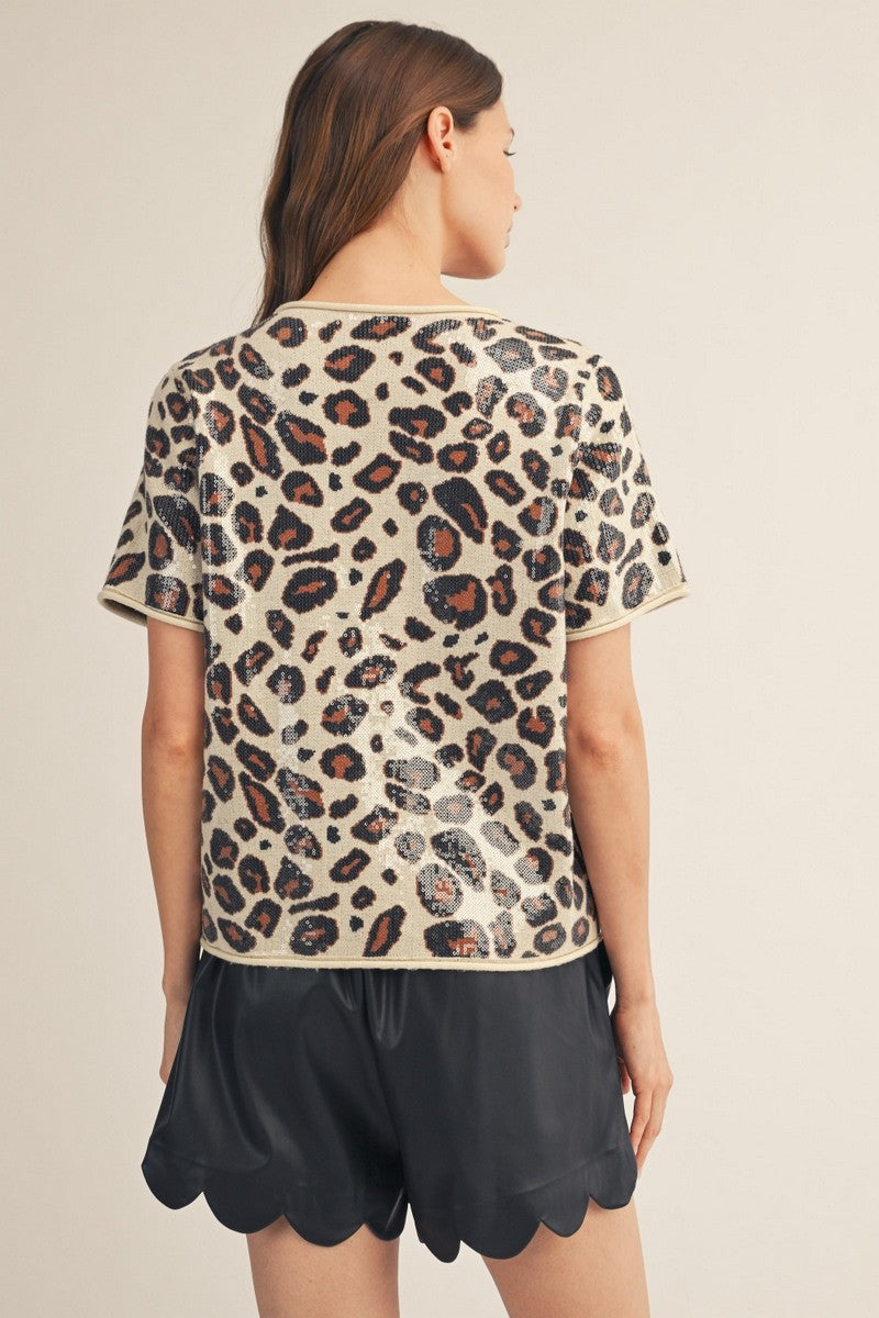 Oatmeal Rolled Edge Detail Sequins Covered Leopard Sweater