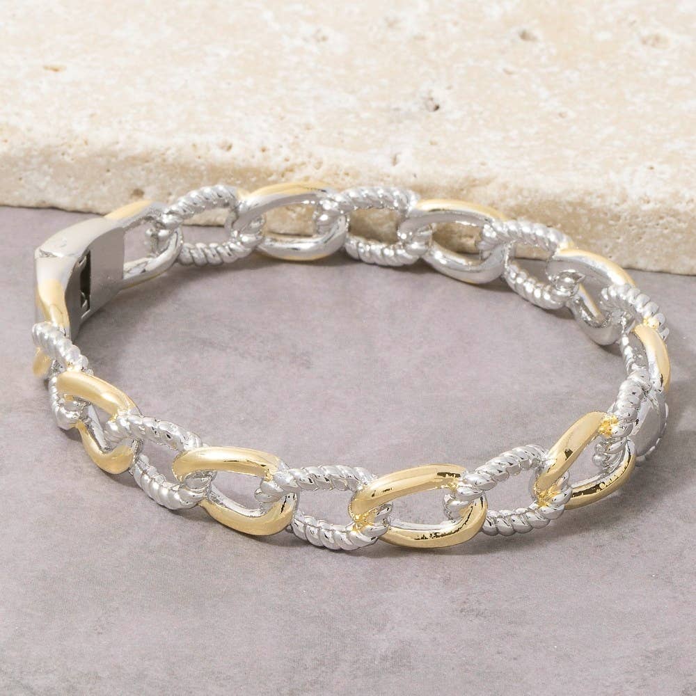 Gold Dipped Two Tone Solid Chain Hinge Bangle Bracelet