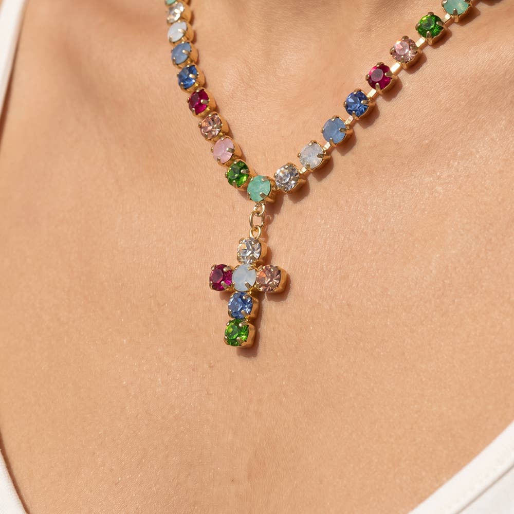 Multi Rhinestone Cup Chain Necklace With Cross Pendant