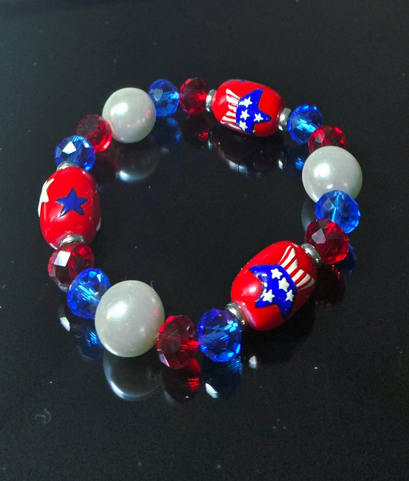 July 4th Star Red White Blue Beaded Stretch Bracelet