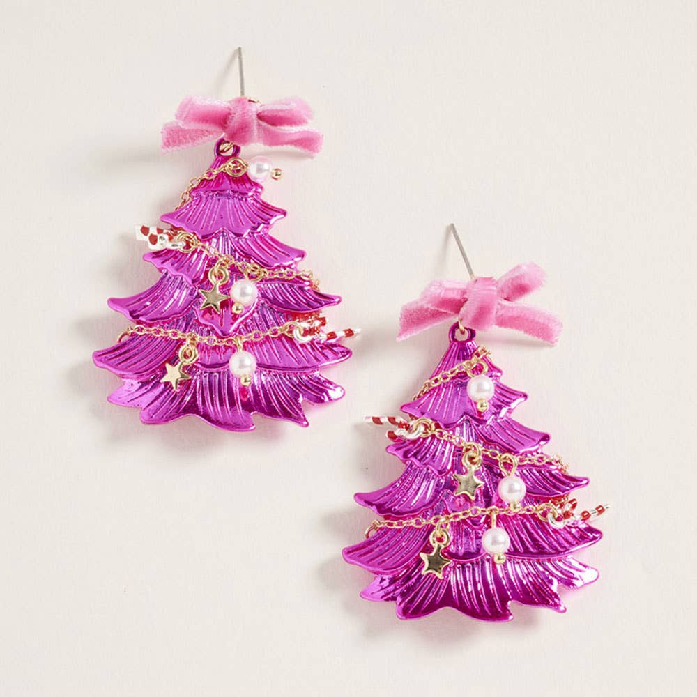 Festive Bow Accent Christmas Tree Drop Dangle Earrings