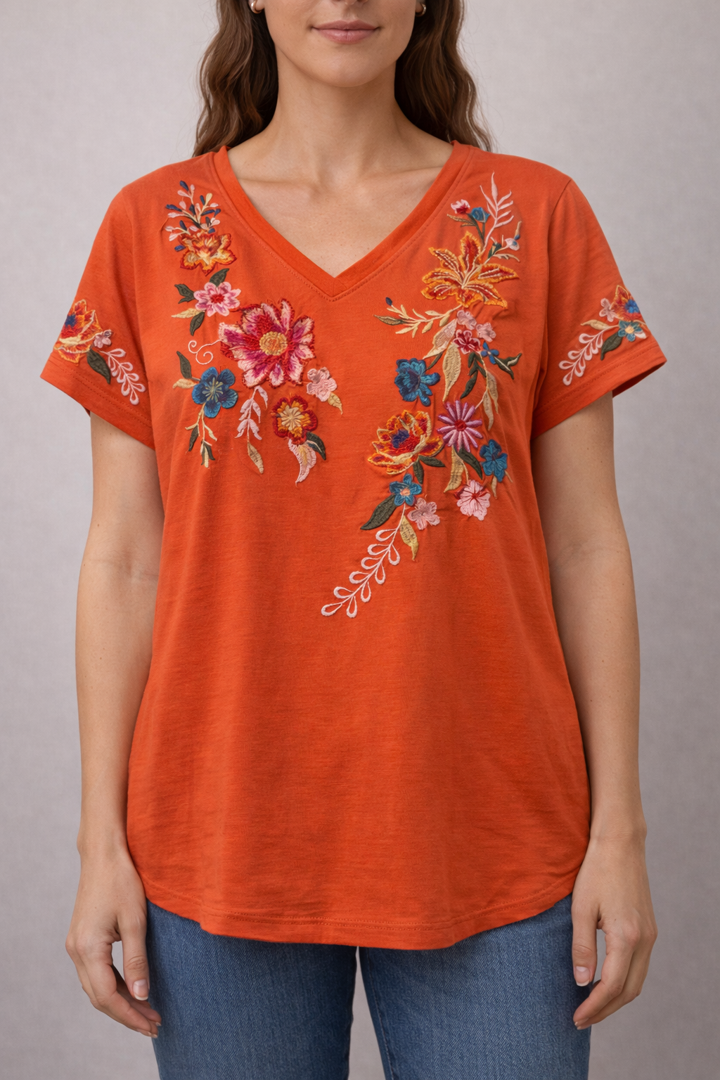 Orange Vneck Floral Embroidered Tee
