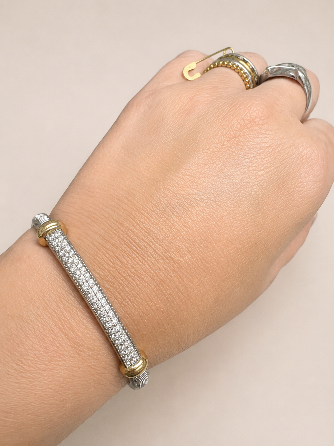 Two Tone Pave Cable Clasp Bangle Bracelet