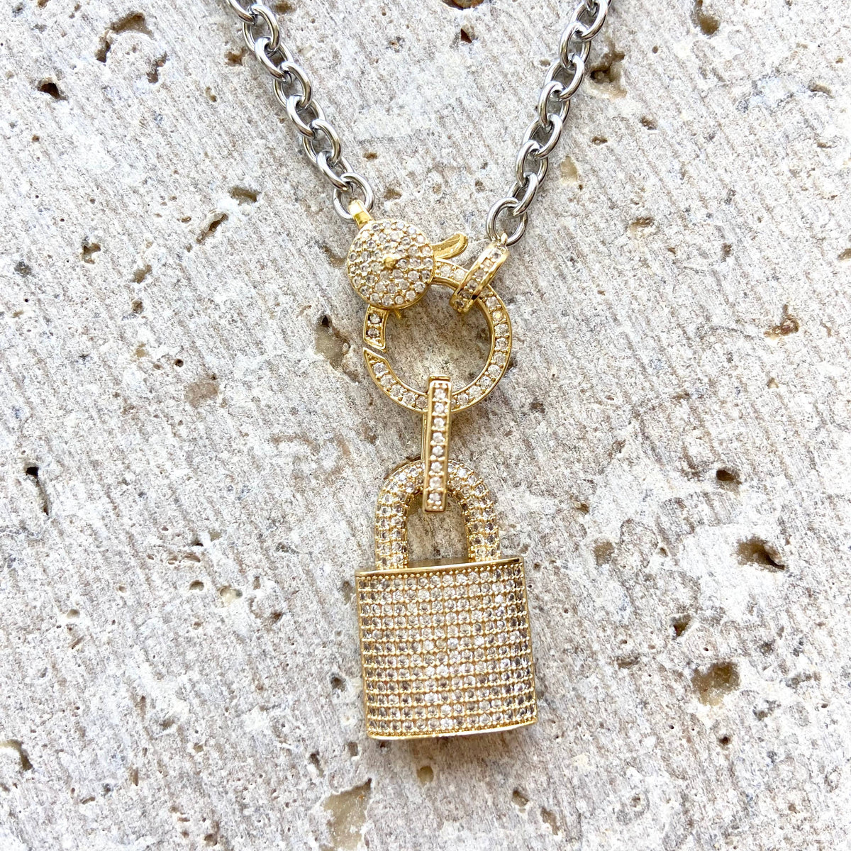 Two Tone Pave Lock Necklace