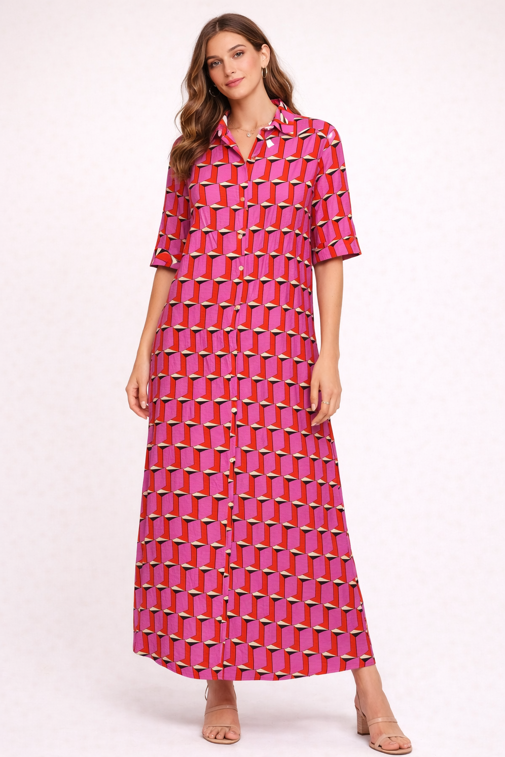 Mod Pink Button Front Maxi Dress