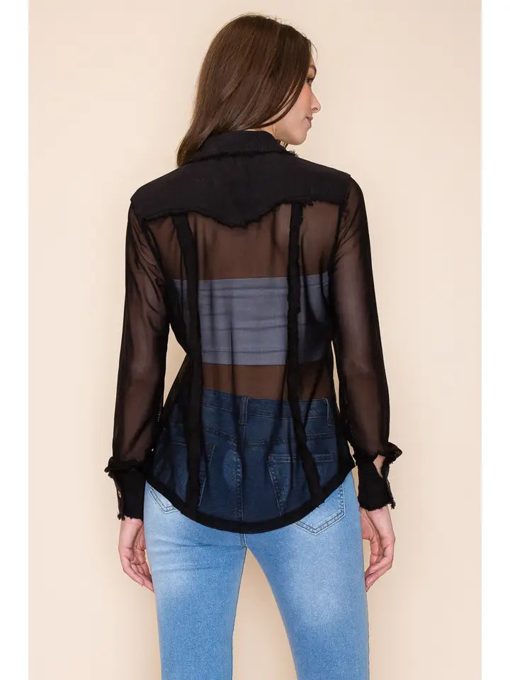 Linen Mesh Button Front Top