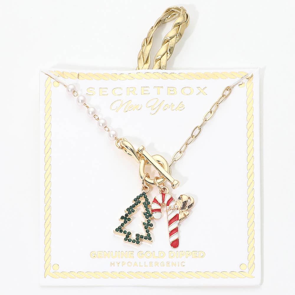 Secret Box Genuine Gold Dipped Christmas Tree Candy Cane Charm Pearl Paperclip Chain Toggle Necklace