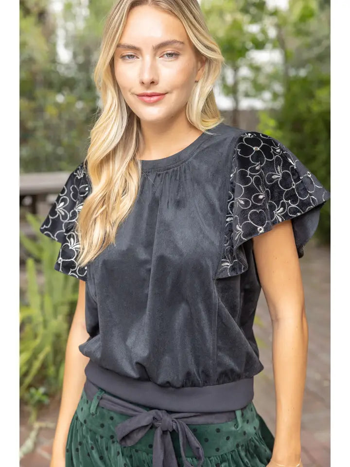 Black Floral Embroidered Wing Sleeve Corduroy Top