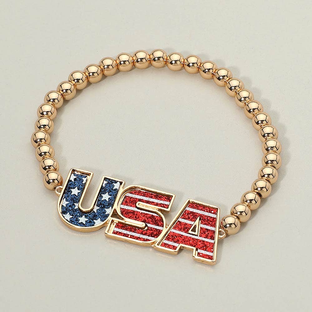 Enamel American USA Flag Letter Beaded Stretch Bracelet