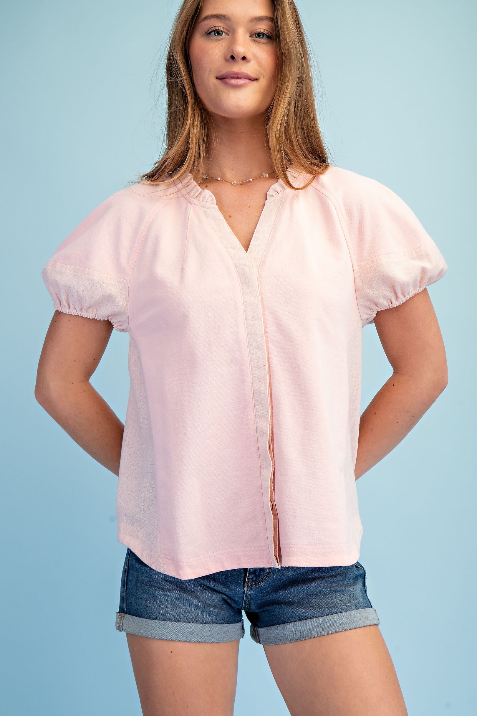 Mixed Material Covered Placket Button Down Blouse
