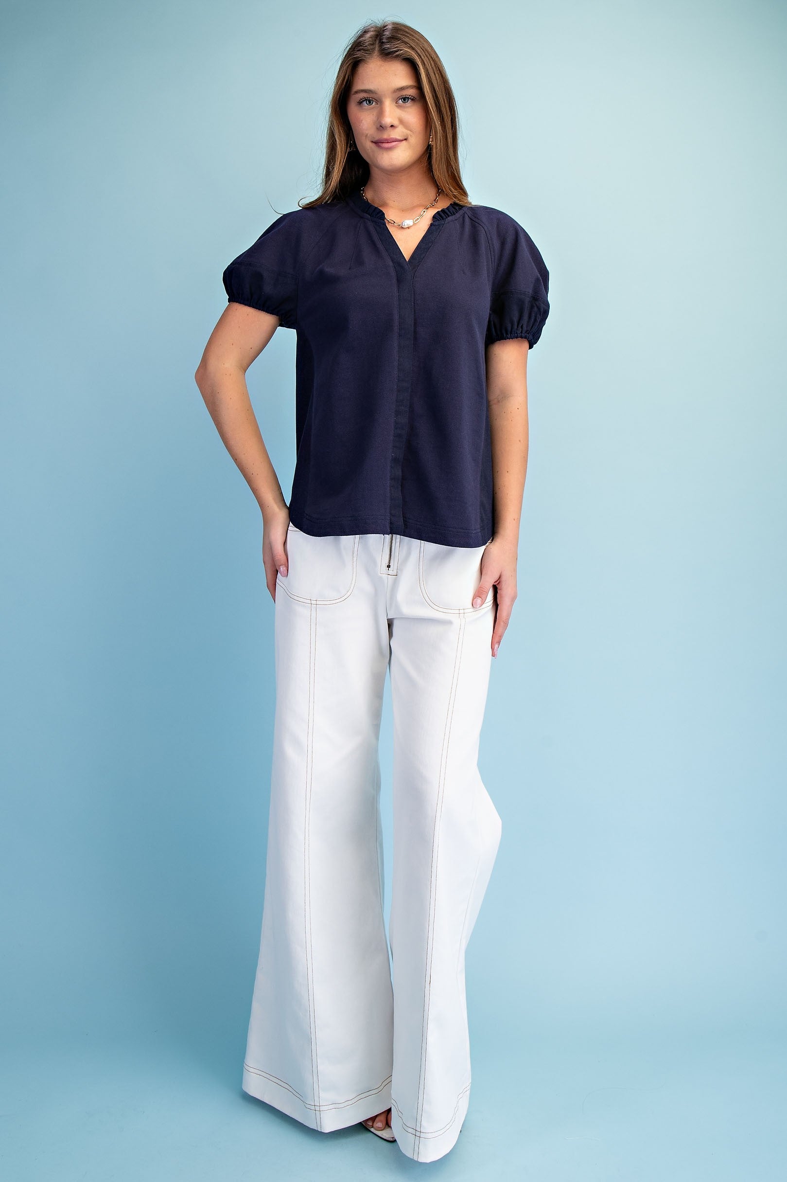 Mixed Material Covered Placket Button Down Blouse