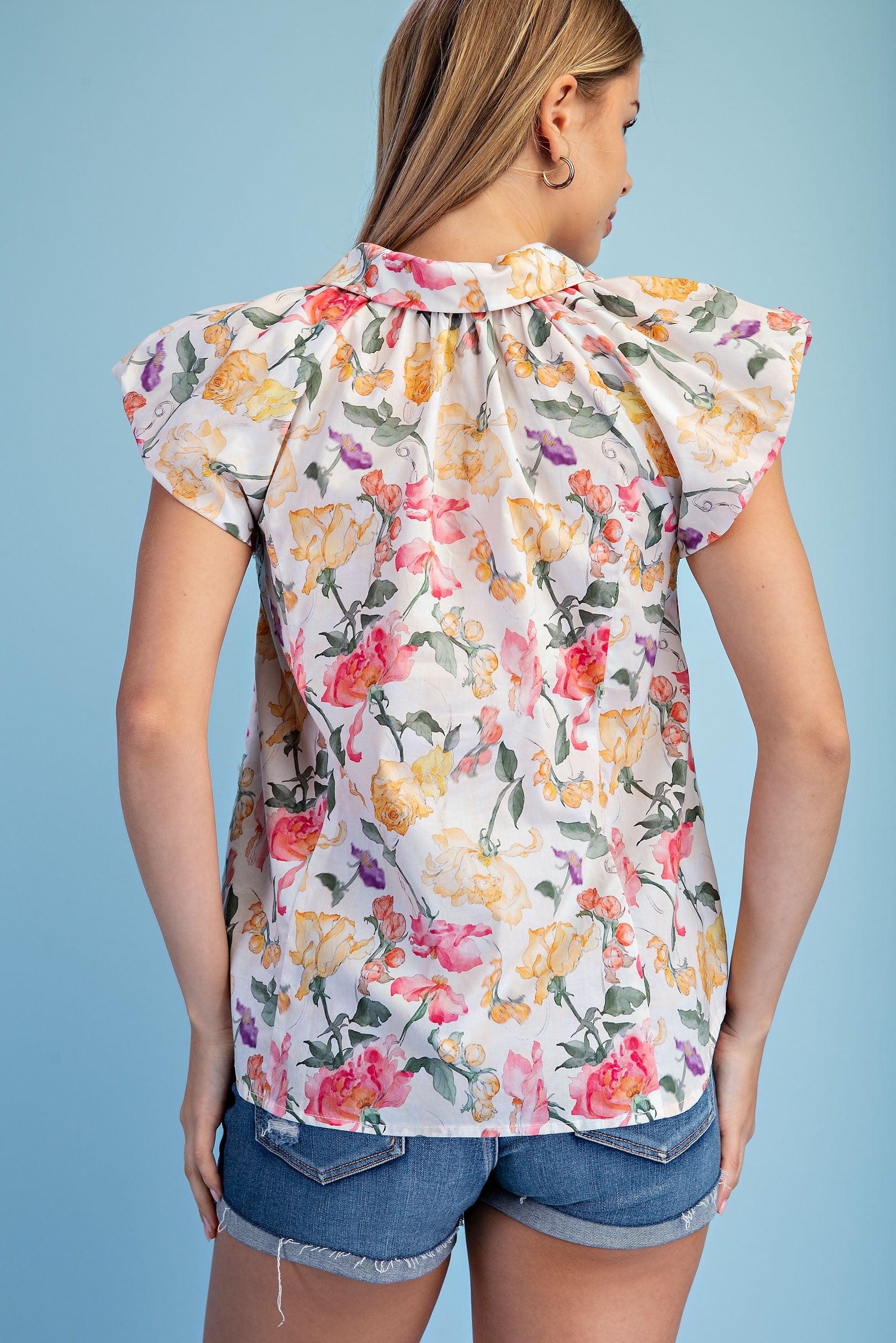 Cream Floral Print Button Down Top
