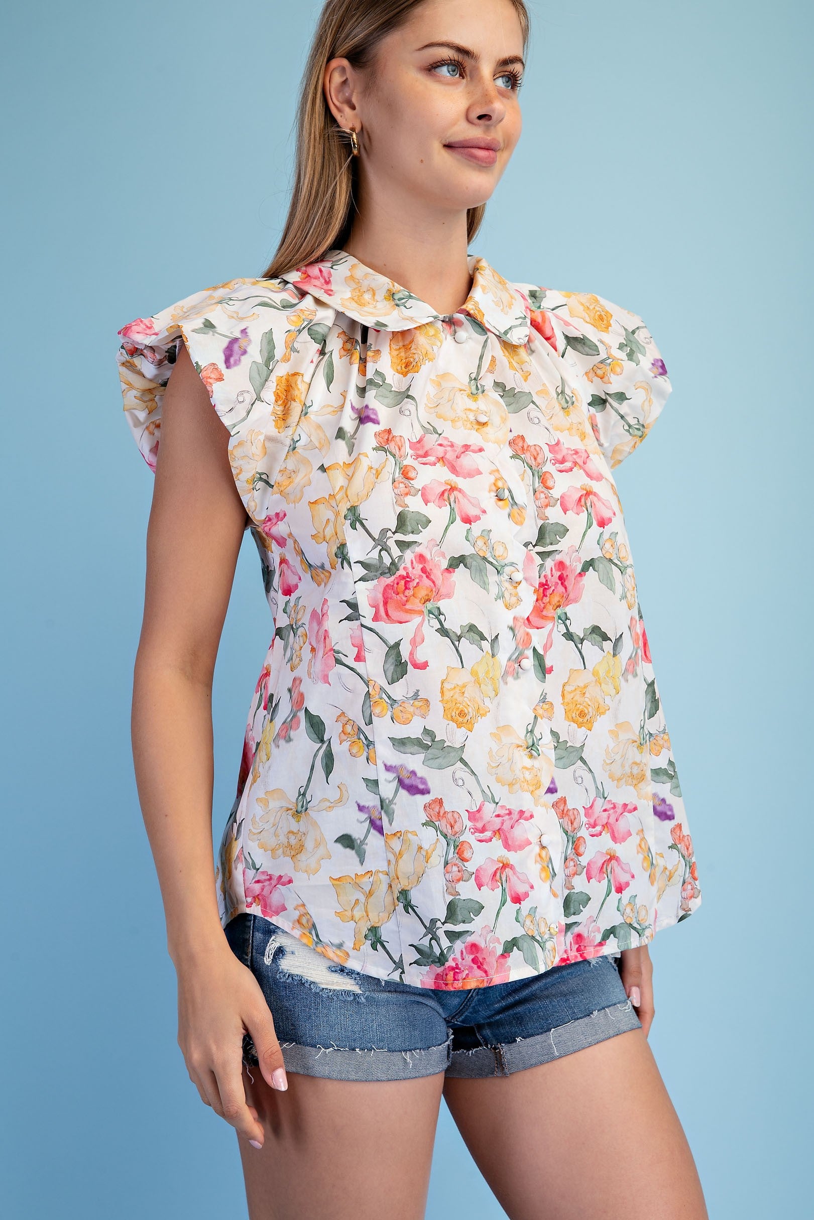 Cream Floral Print Button Down Top