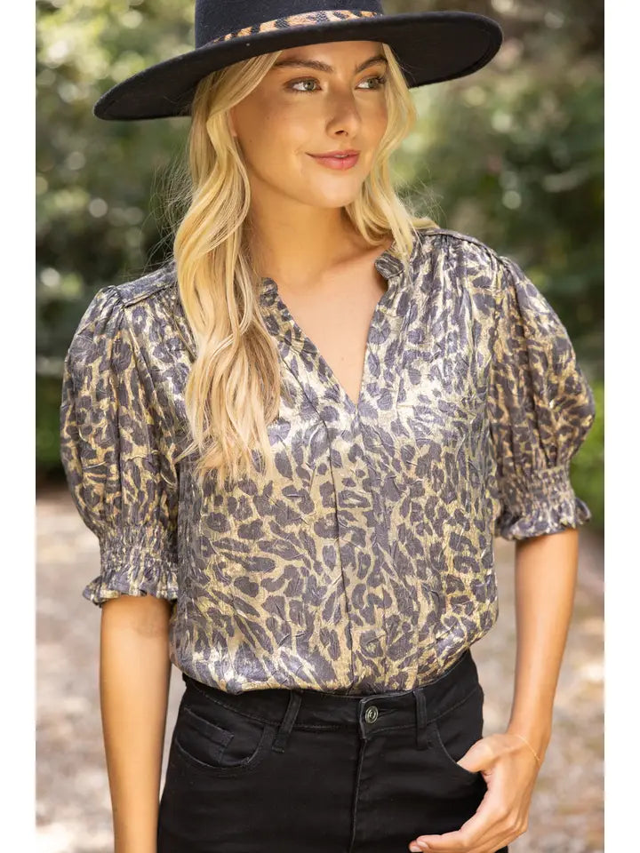 Smocked Short Sleeve V-Neck Animal Print Top