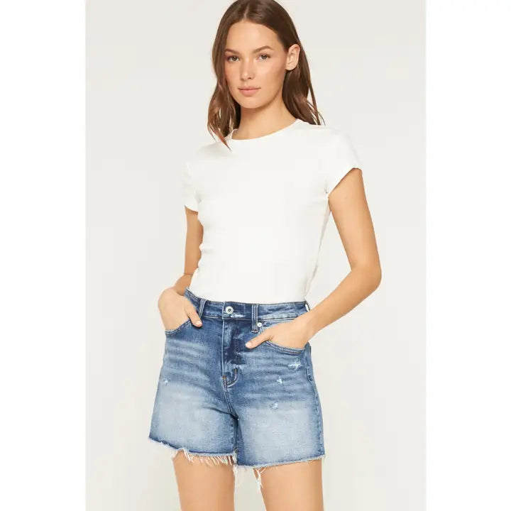 Super High Raw Hem Mid Length Shorts - Midday Blue
