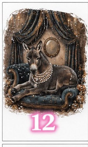 Bling tee design #12 — donkey in pearls resting on a dark blue velvet bench with drapes