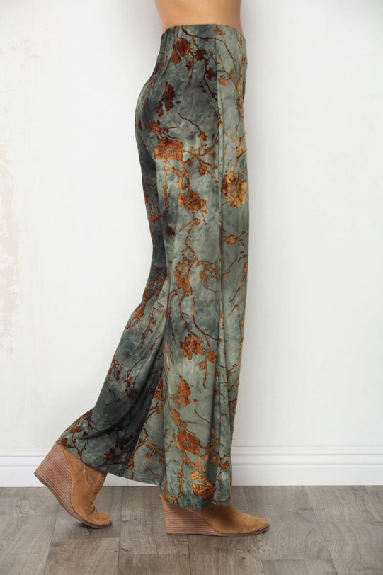 Olive Flocked Ity Wide Leg Palazzo Pant