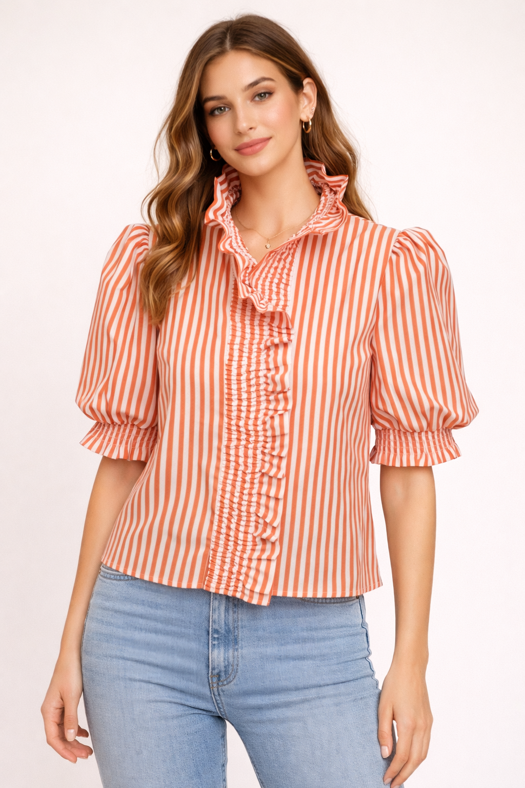 Ruffle Collar Stripe Button Down Top