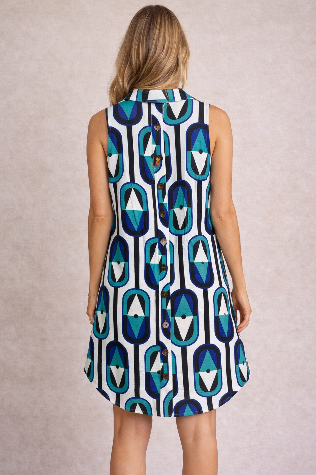 Blue Mod Sleeveless Button Front Dress