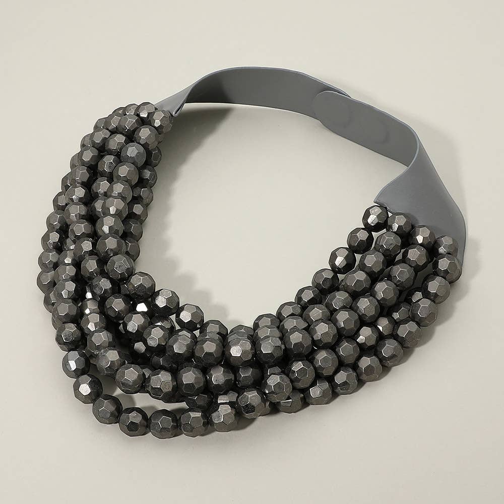Multi Strand Faceted Ball Beaded Faux Leather Magnetic Statement Necklace