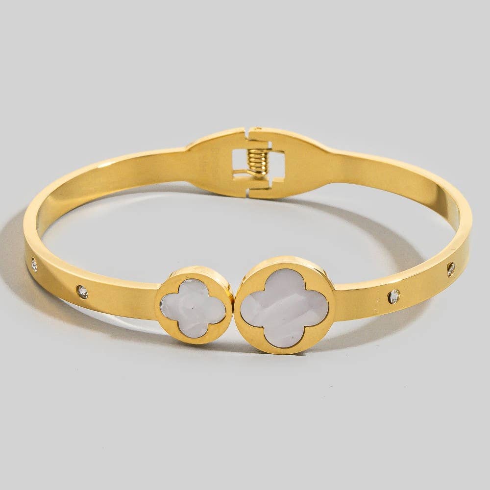 Stainless Steel Mother Of Pearl Clover Ends Hinge Bangle