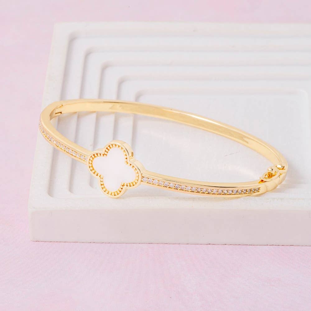 Gold Dipped Cz Mother Of Pearl Clover Hinge Bangle Bracelet