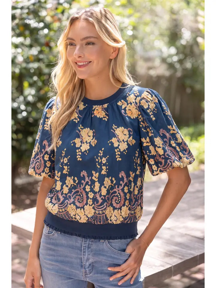 Floral Embroidered Boarder Print Rib Band Top
