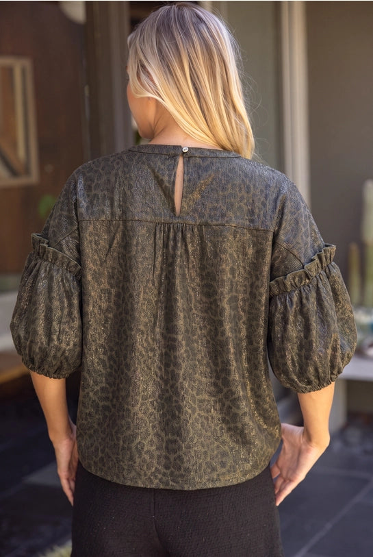 Olive Ruffle Puff Sleeve Metallic Animal Print Top