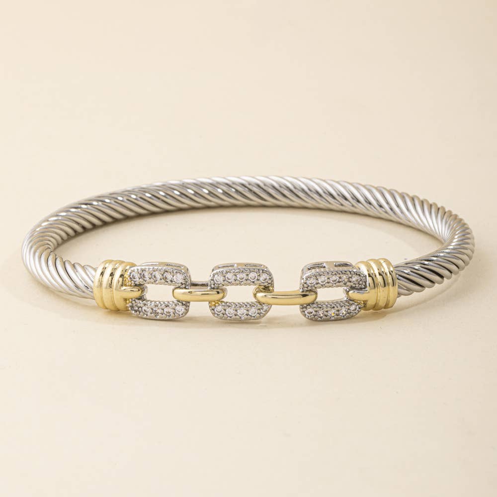 Two Tone Cable Cuff Bracelet With Cz Links