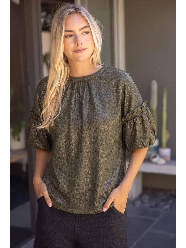 Olive Ruffle Puff Sleeve Metallic Animal Print Top