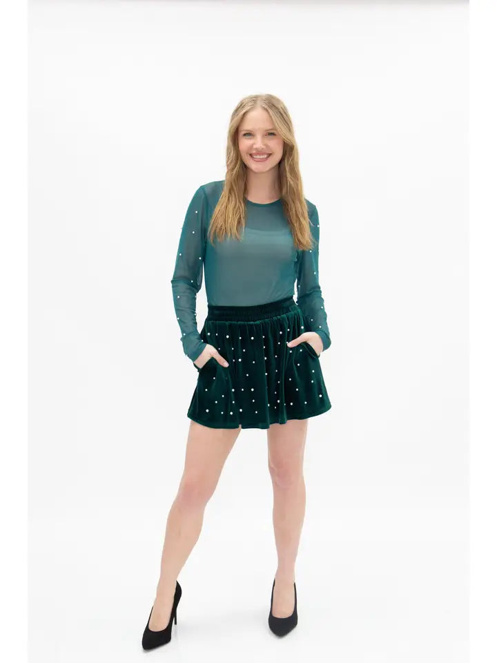 Mesh Long Sleeve Top with Pearls Detail